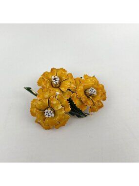 Vintage Yellow Enamel Floral Dimensional Brooch Pin Gold-Tone Green Accents